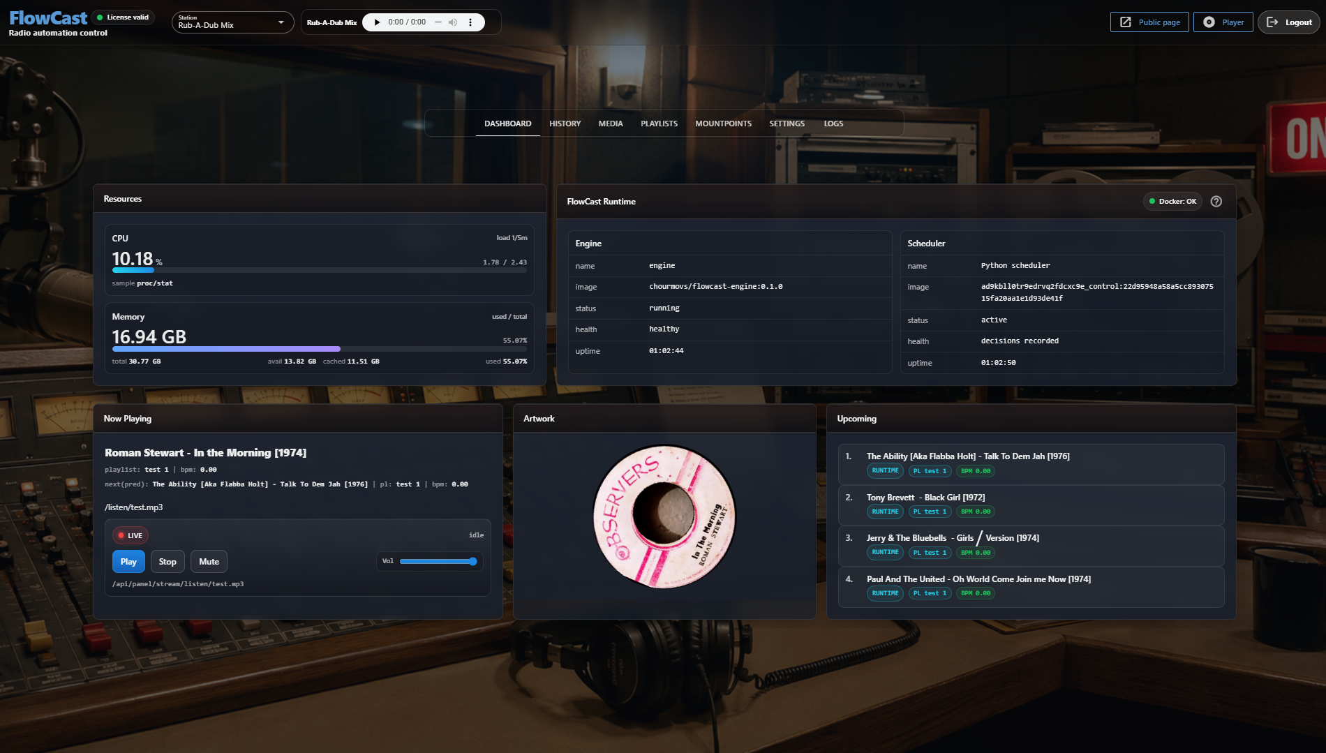 FlowCast Radio Automation control dashboard with live playout, queue and station health