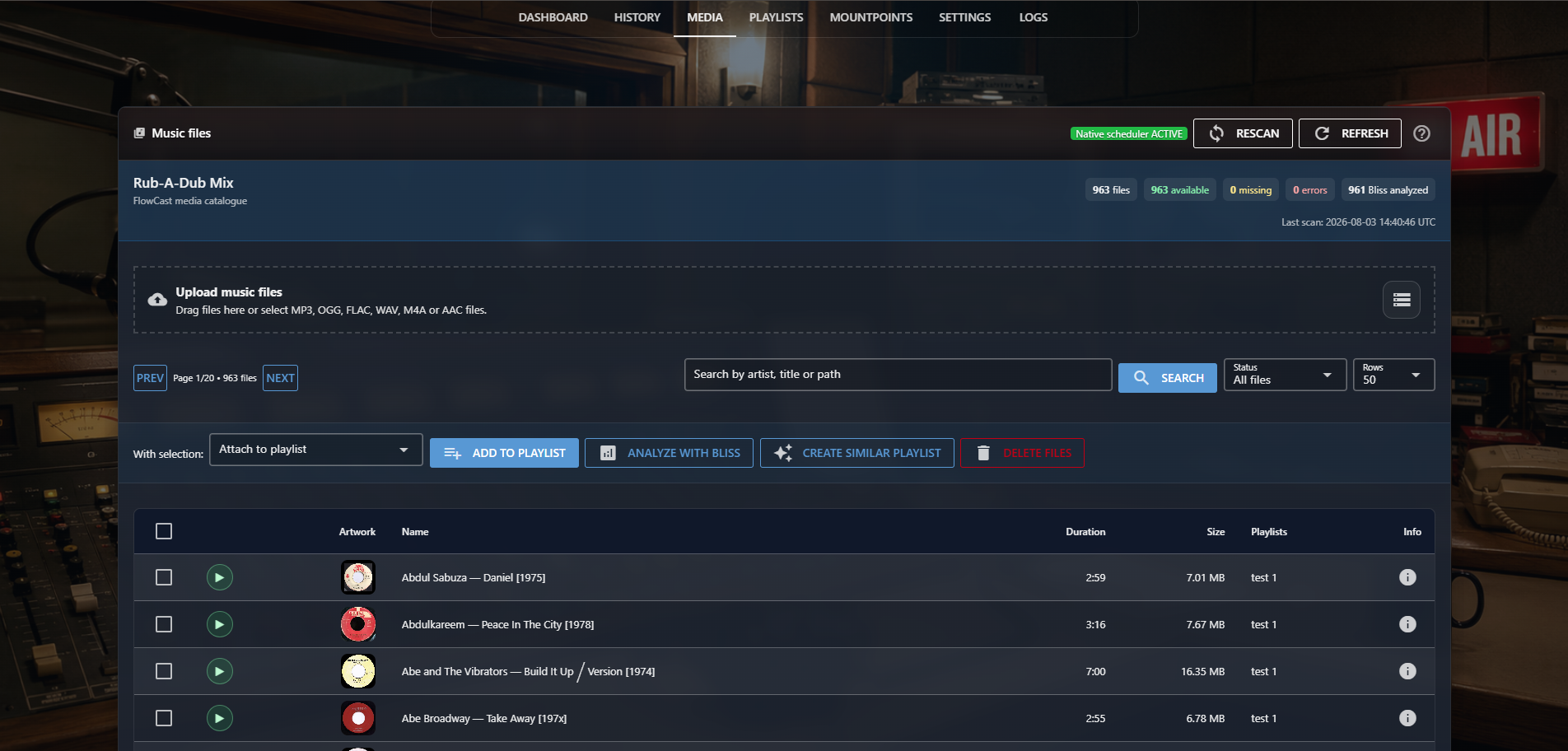 FlowCast media catalogue with playlists and audio analysis status