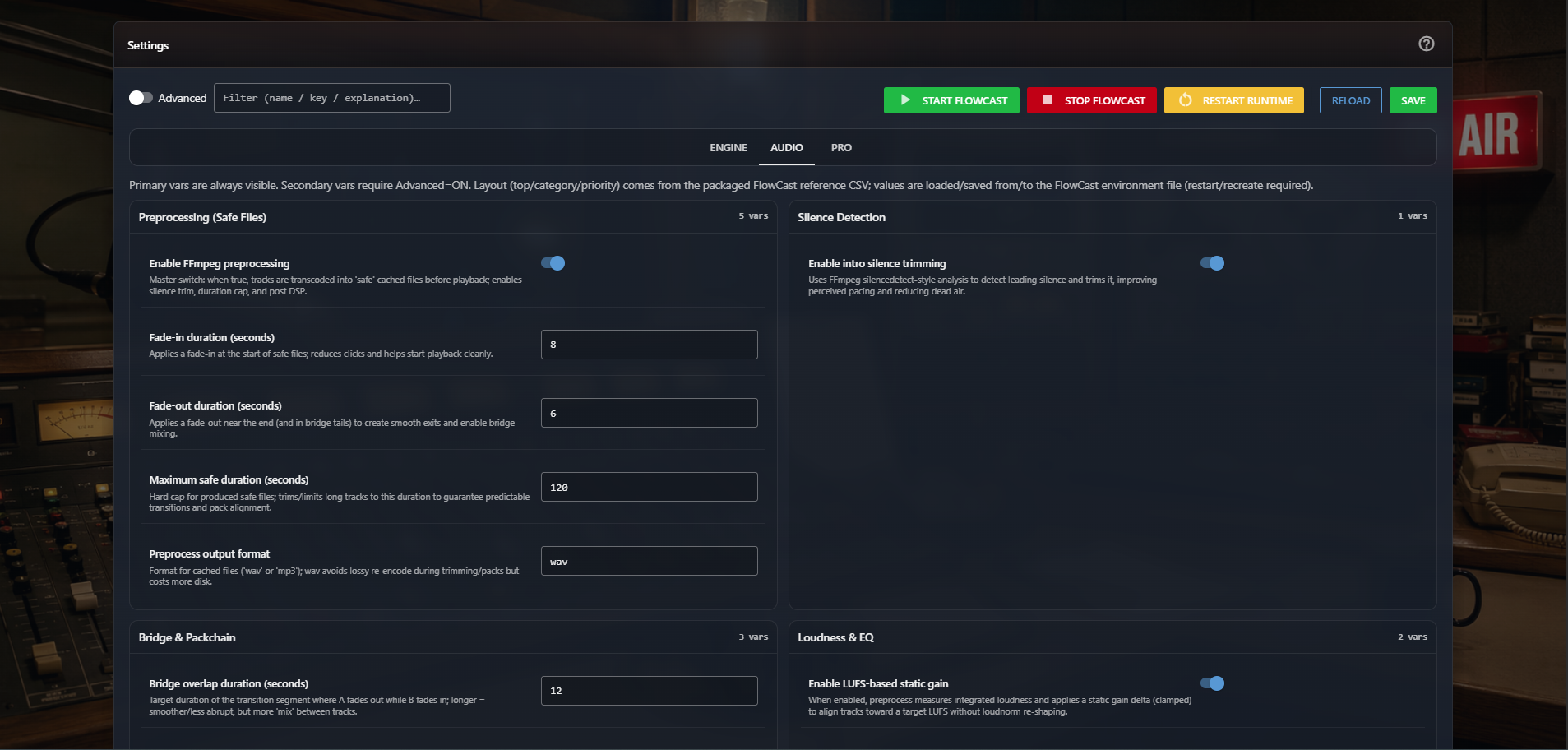 FlowCast transition controls for fades, silence and overlap